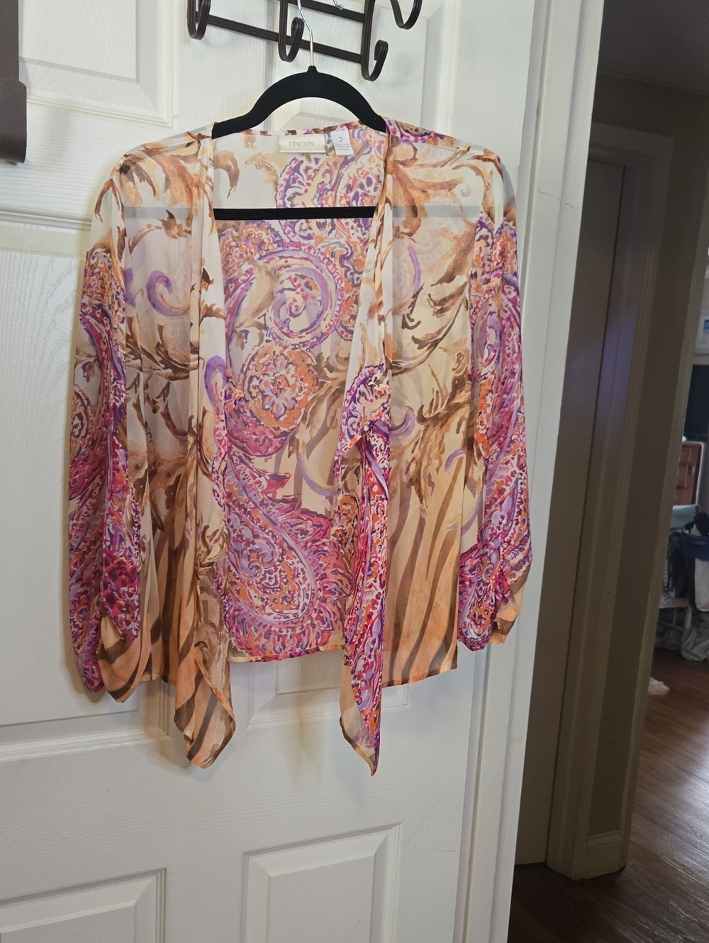 Chico's Sheer Paisley Open-Front Tunic in Pink and Tan